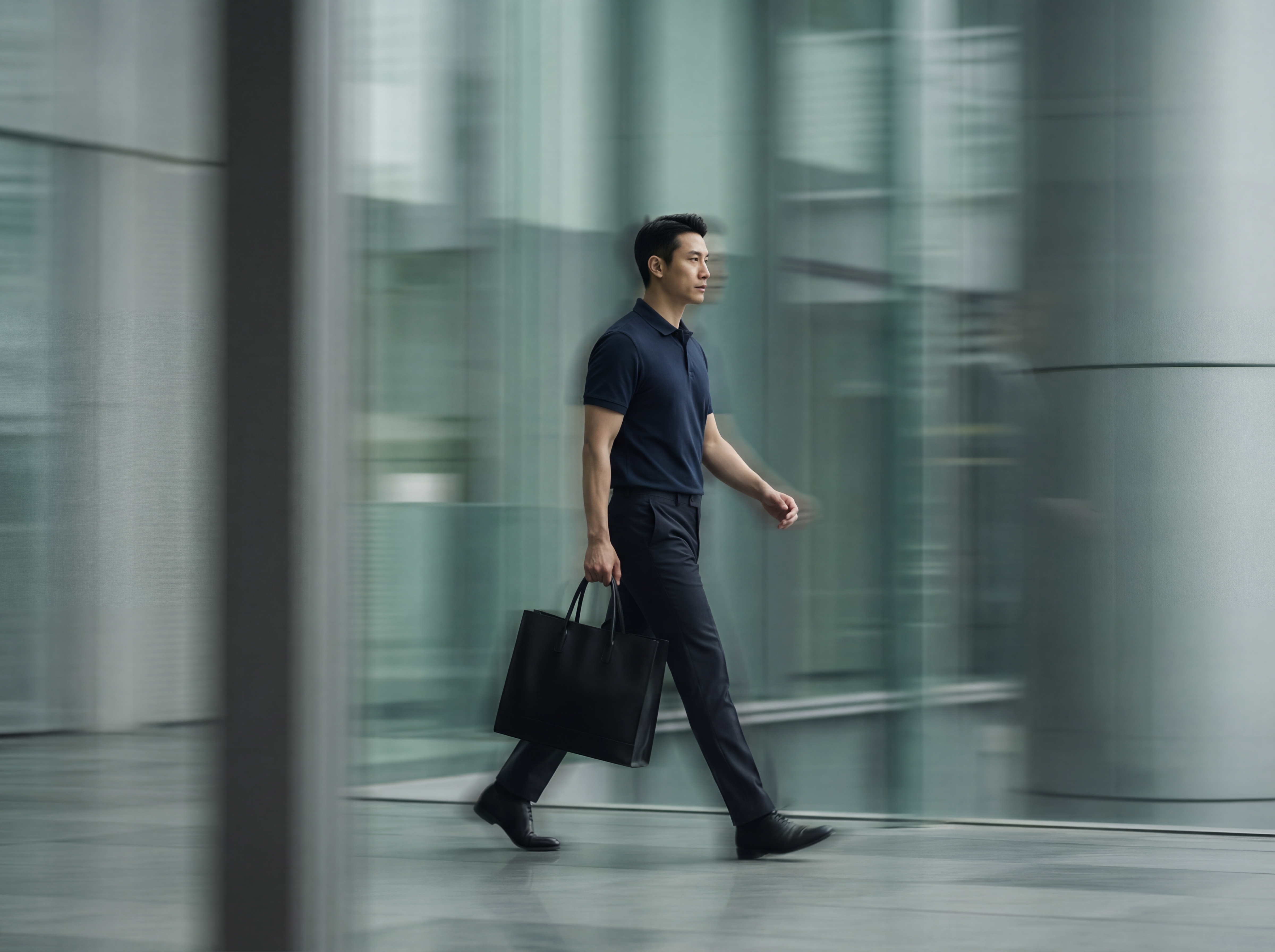 Professional walking through a transit hall
